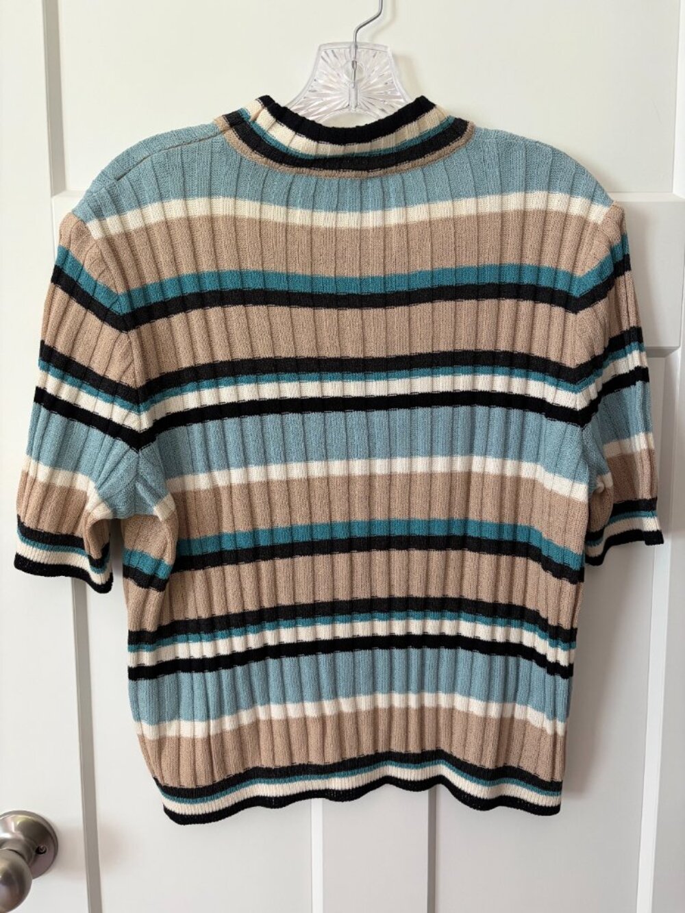 Vtg St John Sport Marie Tan Wool Rayon Cotton Rib Knit Striped Sweater Top L